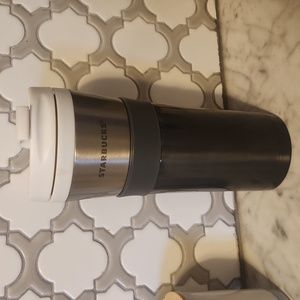 EUC Starbucks Coffee Cup Insulated Travel Coffee Gunmetal 2 Tone White Top